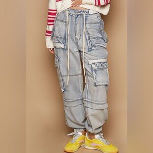 POL Women’s Multi Cargo Pocket Drawstring Waist Baggy Denim Joggers NEW M
